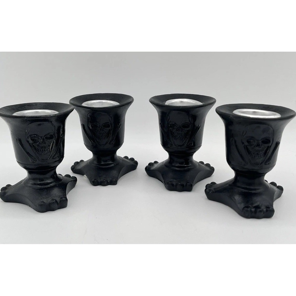 Set of 4 Black Skull & Crossbones Taper Candle Holders Gothic Halloween Decor